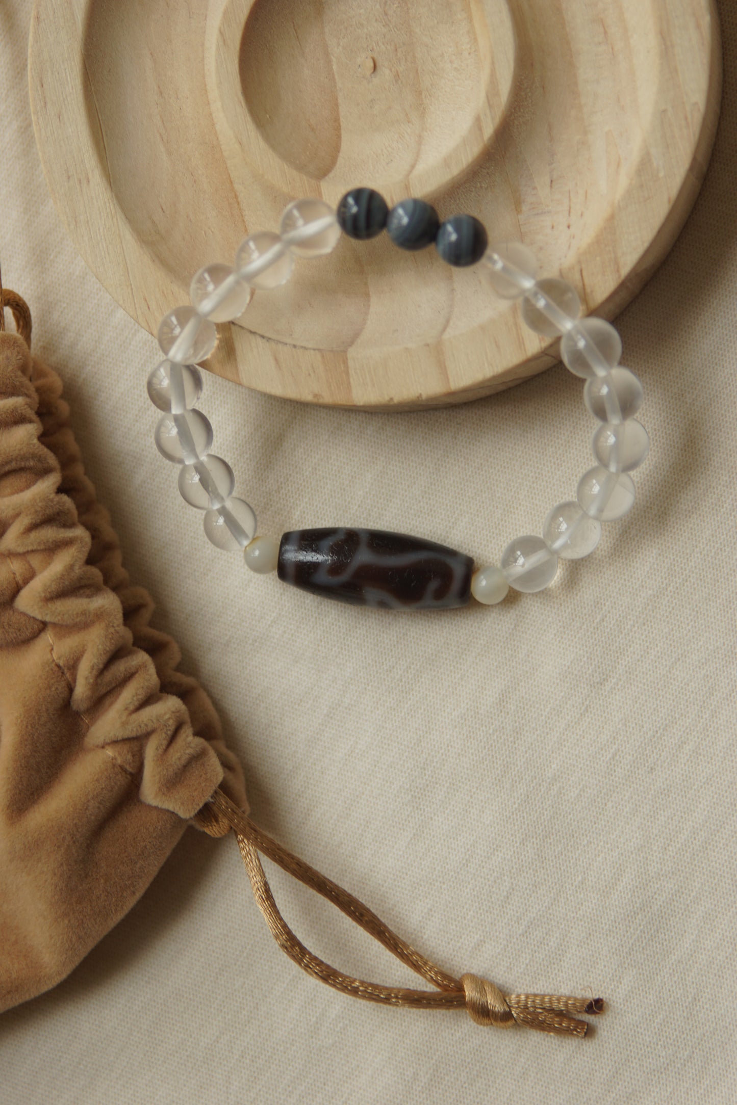 Lotus Dzi & White Quartz Bracelet