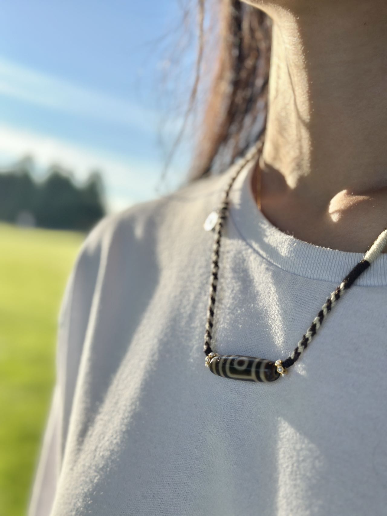 Two-Eyed Dzi Bead Necklace with Handmade Cord