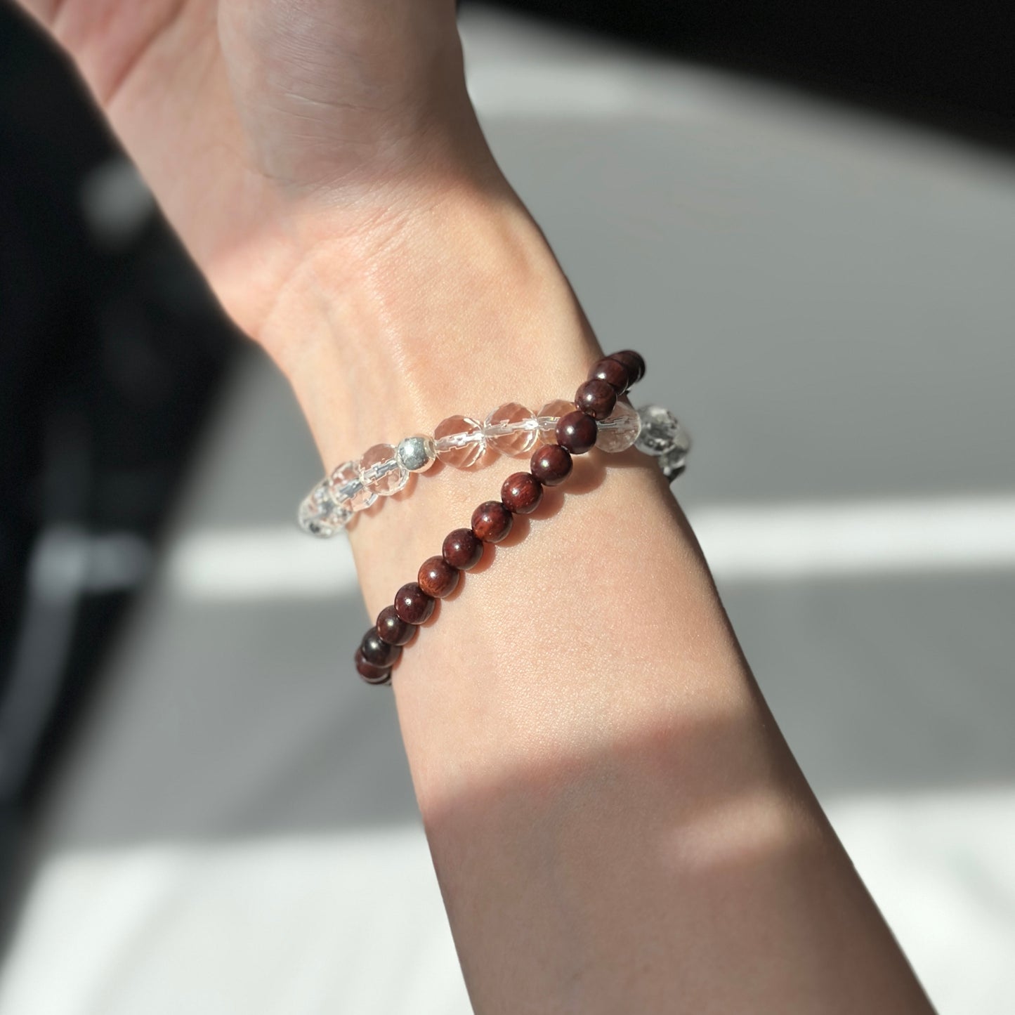 Clear Quartz & Rosewood Double Wrap Bracelet