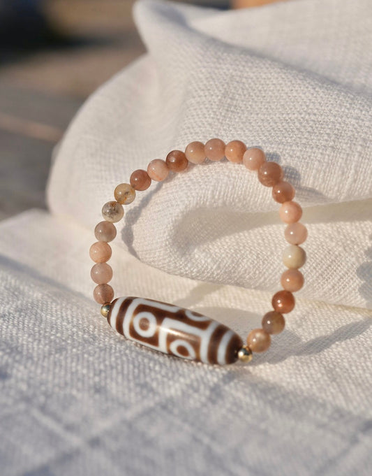 Six-Eyed Dzi Bead and Sunstone Bracelet