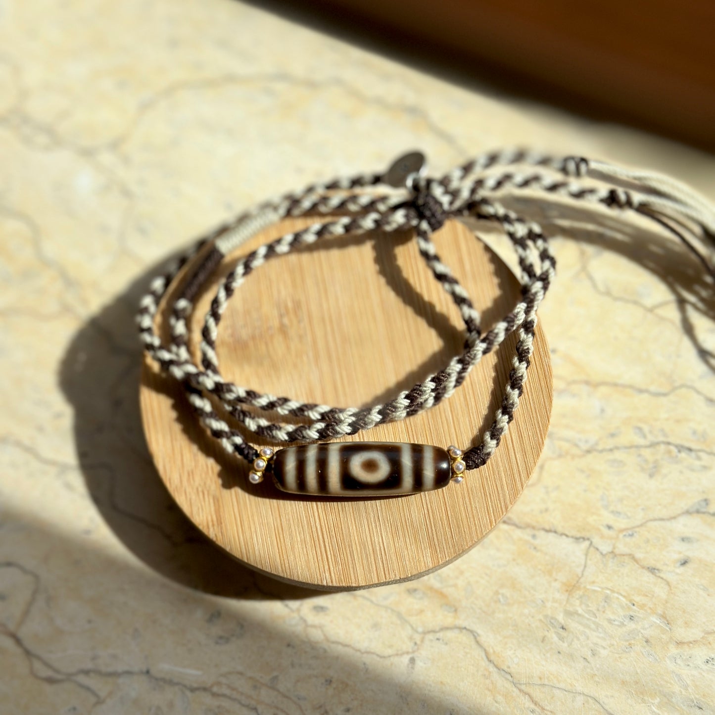 Two-Eyed Dzi Bead Necklace with Handmade Cord